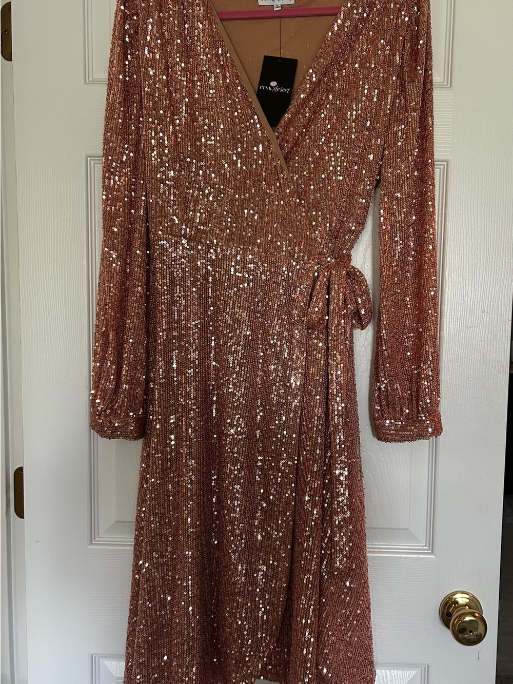 Sequin Wrap Long-Sleeve Midi Dress in Rose Gold